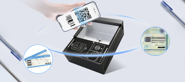 Built-in high-precision scanner capable of reading extra-long boarding pass barcodes, ID QR codes, and bright mobile screen QR codes, while preventing NFC interference for enhanced stability.