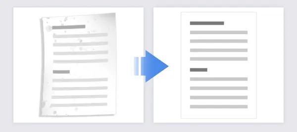 Detects document edges and corrects skew, curvature, and perspective.